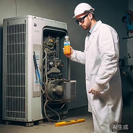 空调压缩机换机油,小心操作。